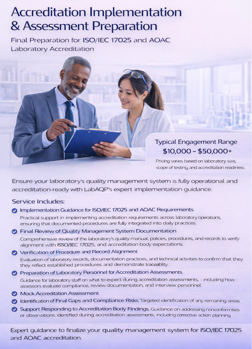 ISO/IEC 17025 laboratory accreditation implementation and assessment preparation consulting service helping laboratories prepare for accreditation audits.