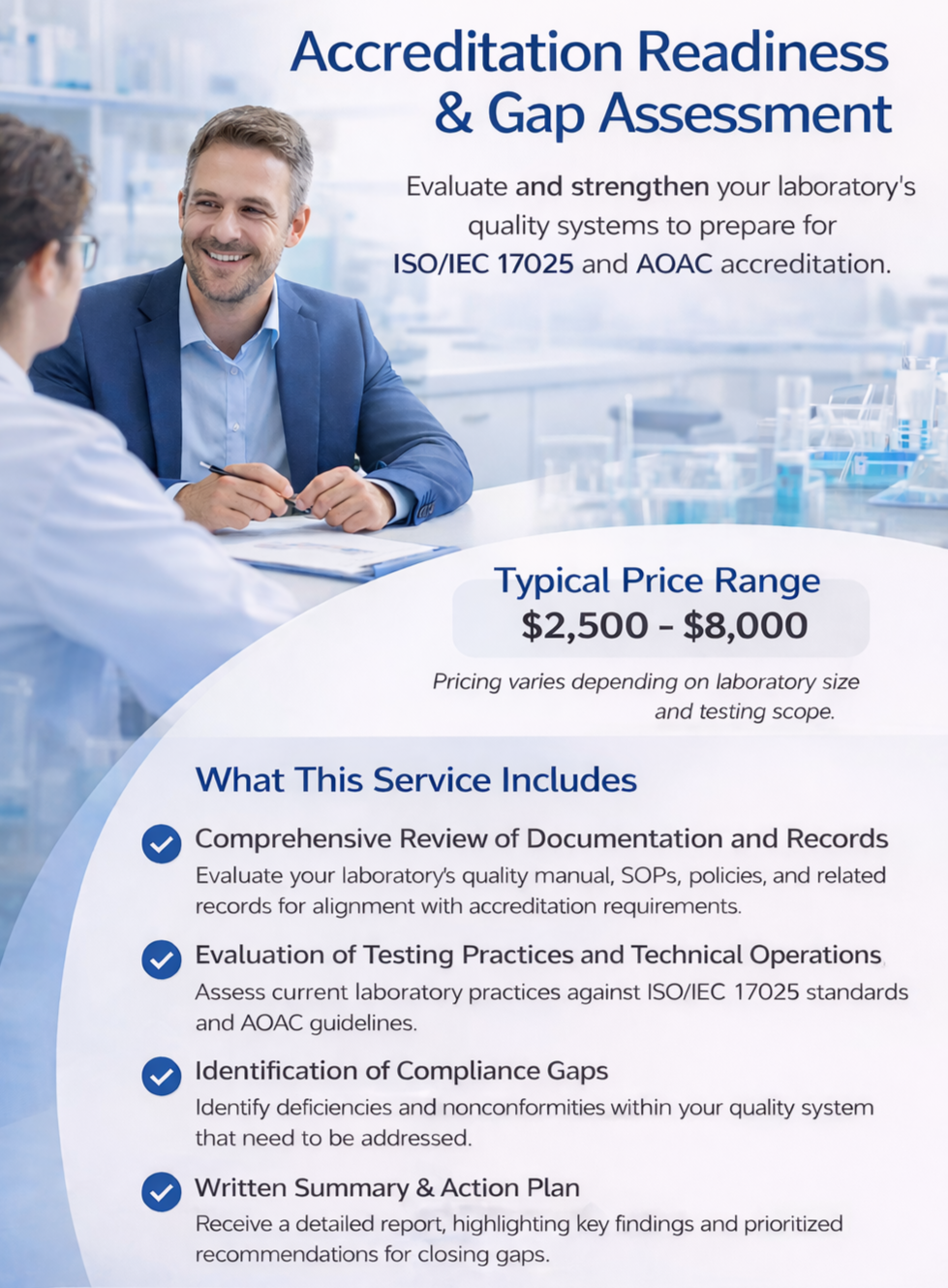 ISO/IEC 17025 laboratory accreditation readiness and gap assessment consulting service evaluating laboratory quality systems and compliance.