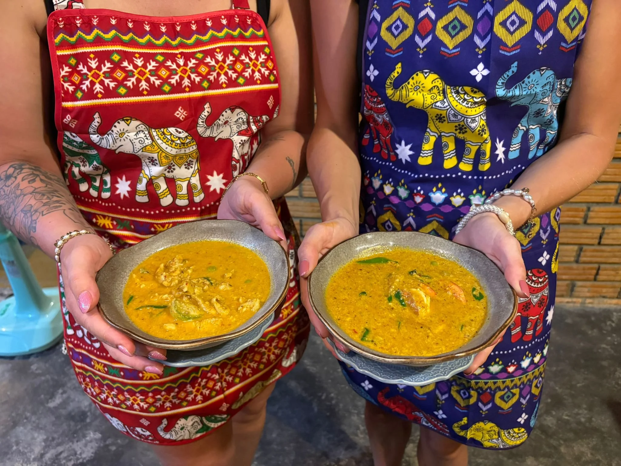 Two women holding bowls of yellow curry with vegetables, both wearing colorful, elephant-themed clothing with traditional patterns.