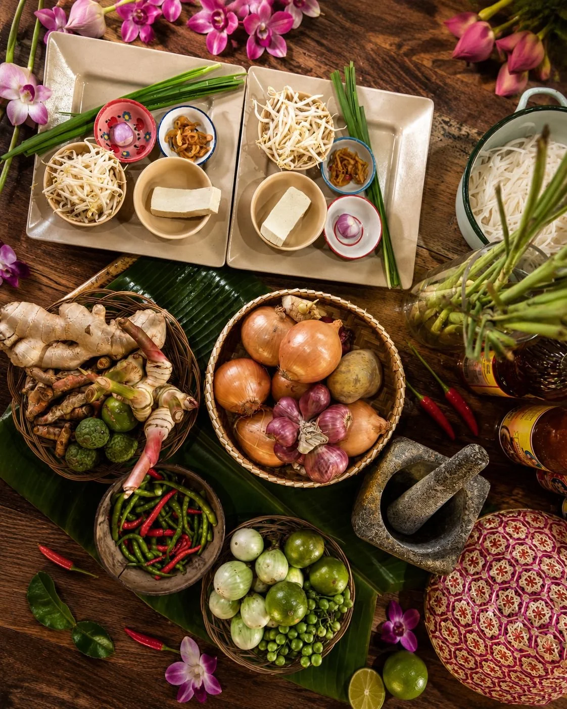 Fresh Thai herbs, spices and ingredients prepared for a Proud Home cooking class