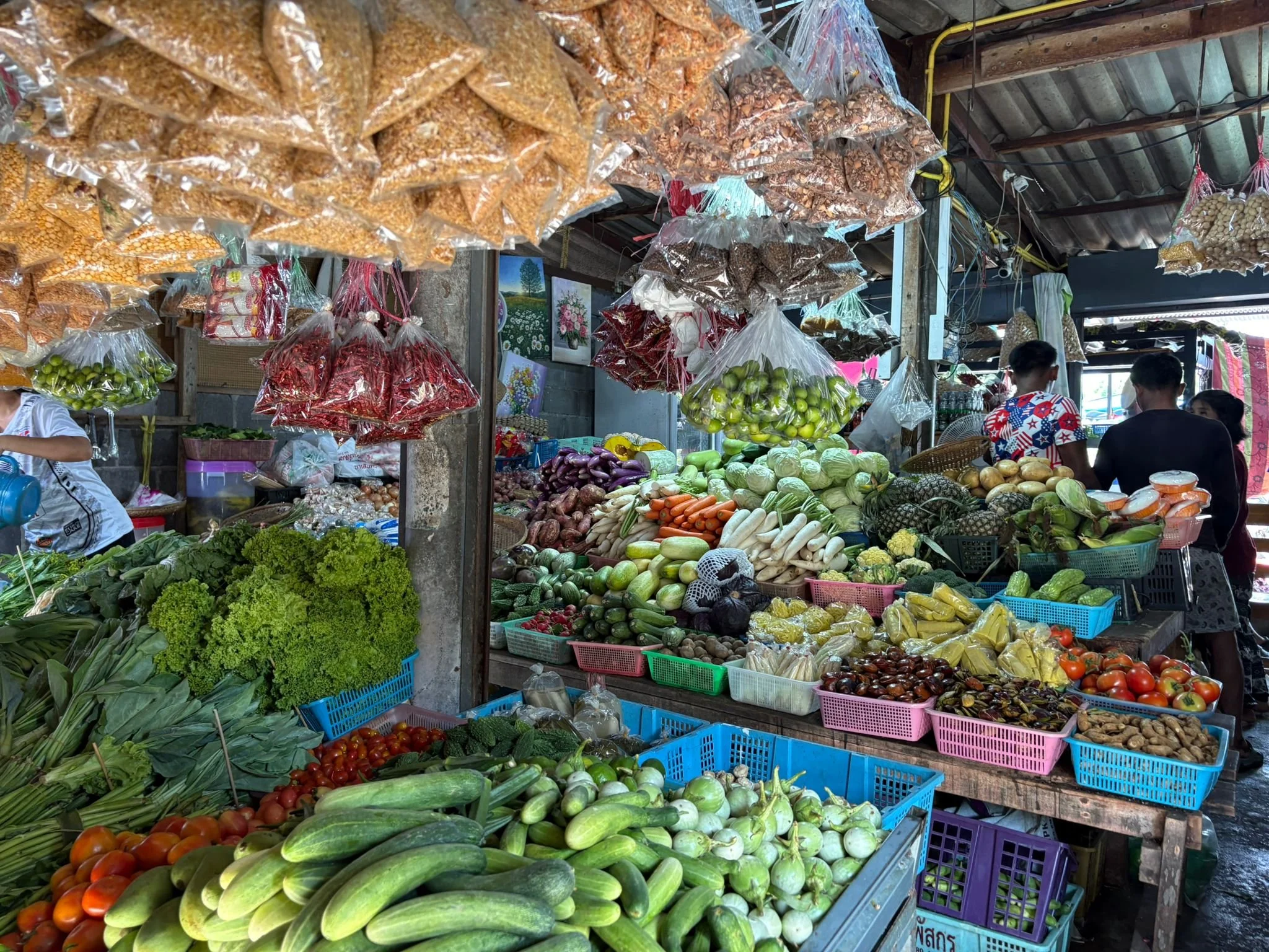 Market stall with fresh vegetables and hanging plastic bags filled with dried goods in an outdoor covered market.