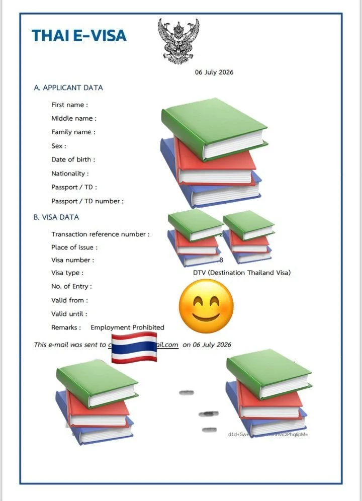 Example of an approved Thai e-Visa (DTV) for a Proud Home student, personal data hidden