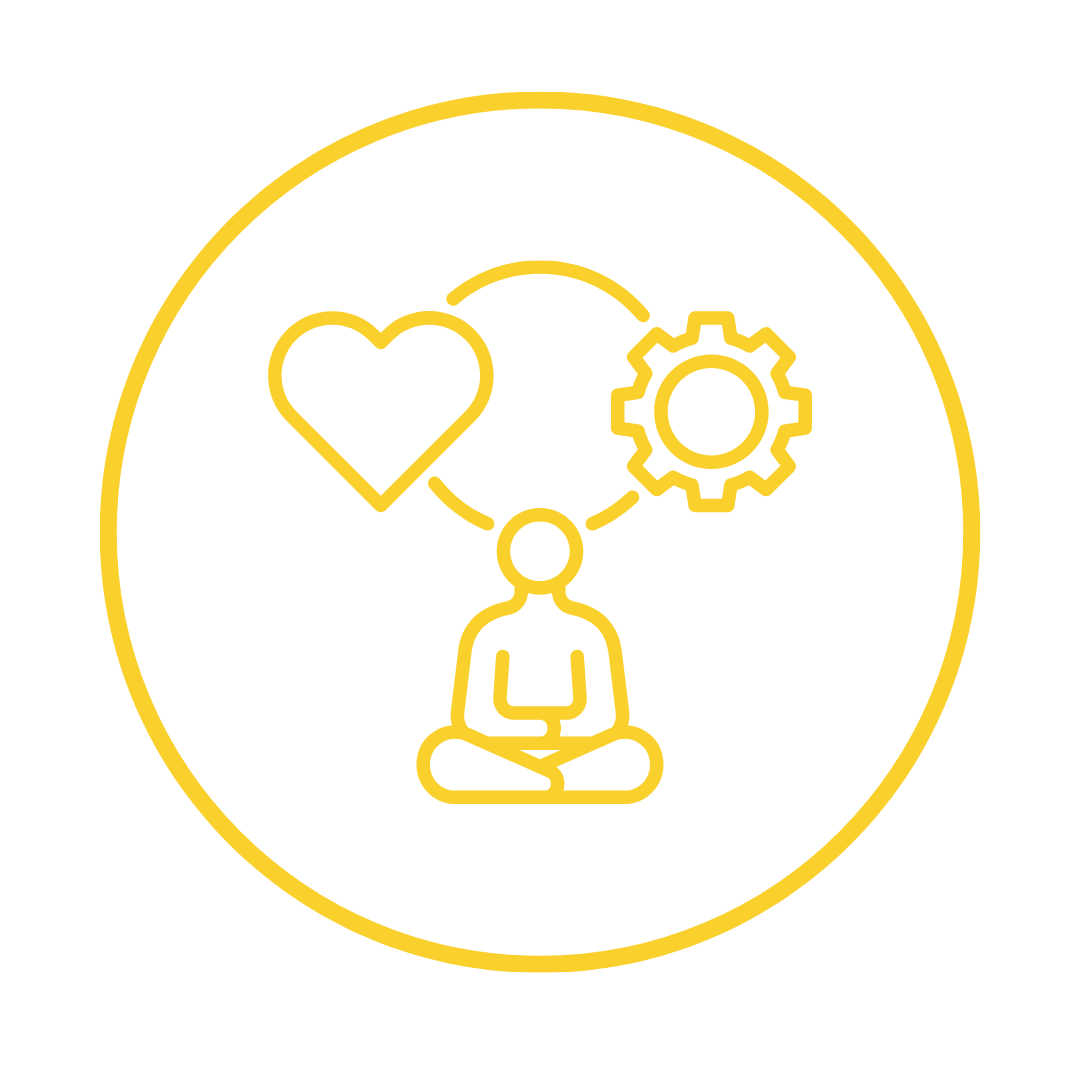 Symbolische Darstellung einer Person im Meditationssitz, umgeben von Herz und Zahnrädern, die Kommunikation, Gesundheit und Technik symbolisieren.