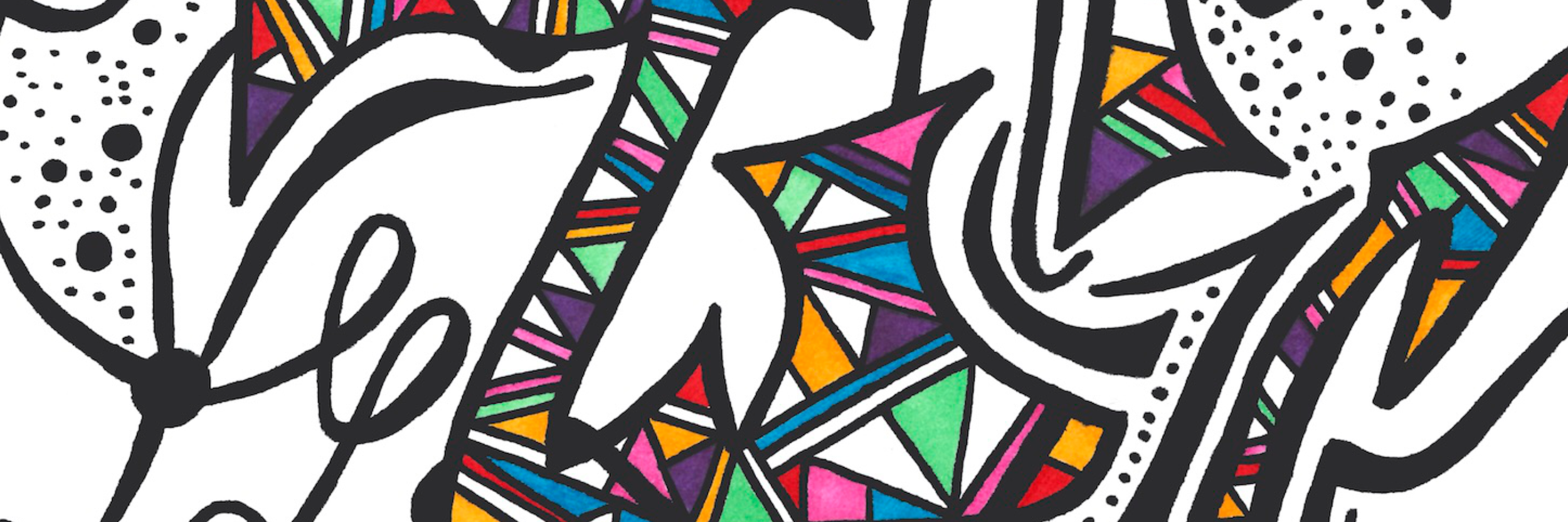 A black and white doodle with colorful sections in pink, blue, green, purple, and orange, featuring geometric shapes, dots, and abstract patterns.