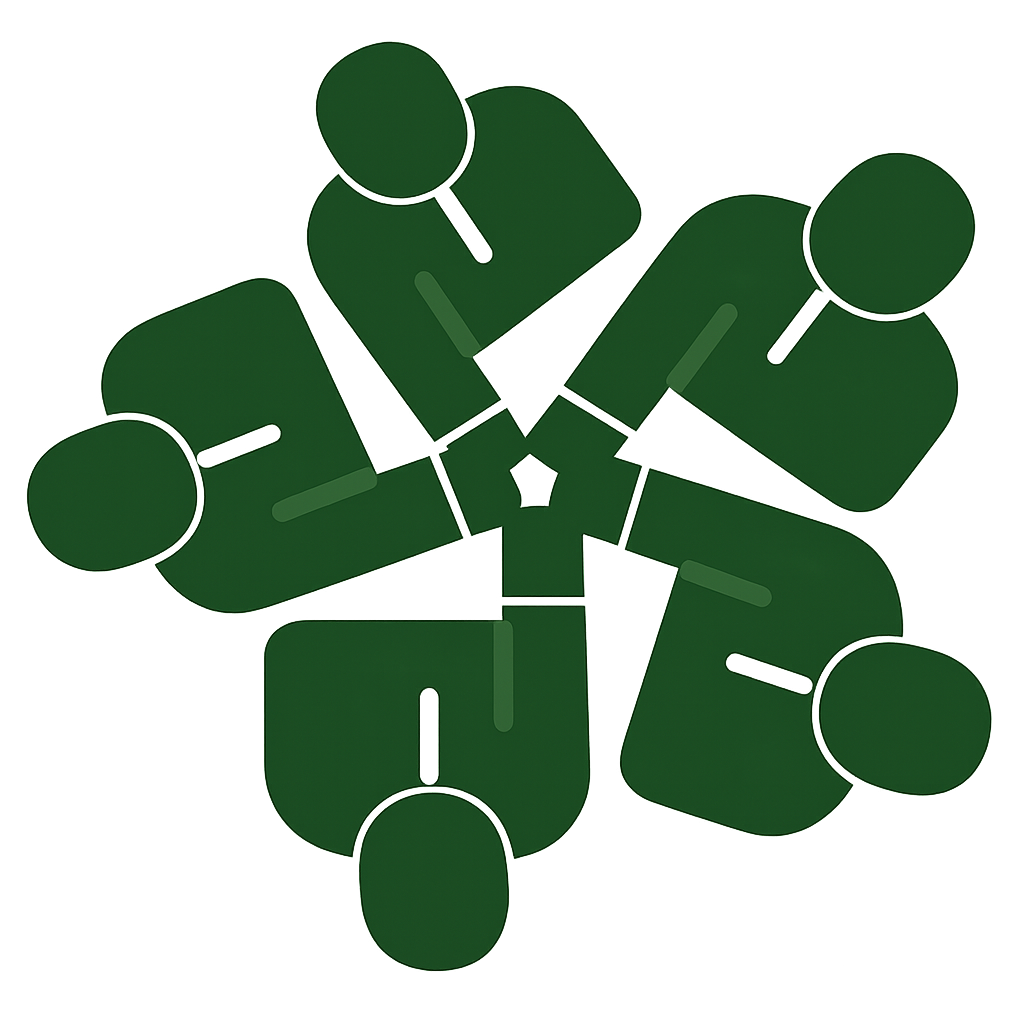 Illustration of five abstract human figures in green, holding hands in a circle