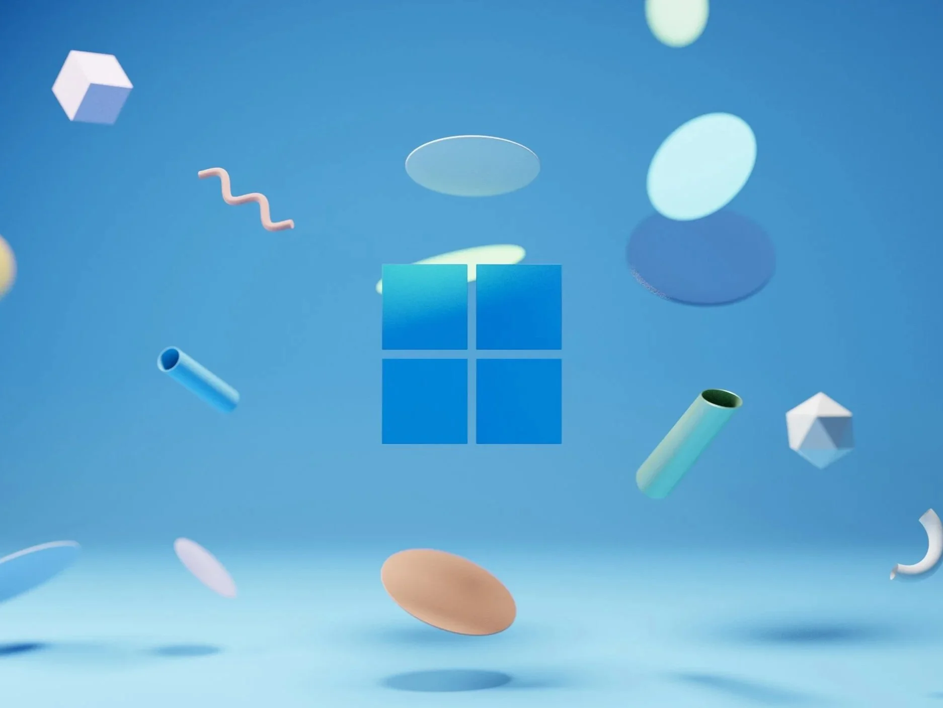 Digital illustration of a Microsoft window logo surrounded by various floating geometric shapes and objects on a blue background.