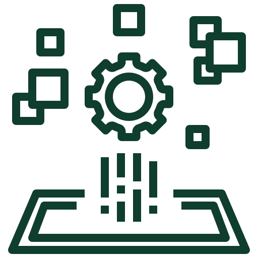 Icon of a gear with pixel-like squares and lines connecting to a tablet or device below.