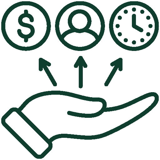 Open hand with icons above showing money, person, and clock, connected by arrows.