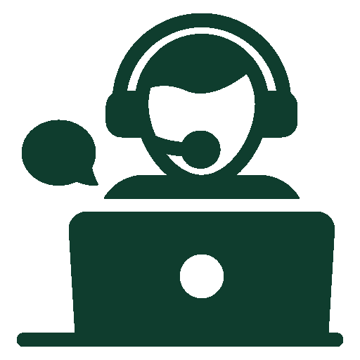 Icon of a customer support representative with a headset, speaking into a microphone, in front of a laptop, with a speech bubble.