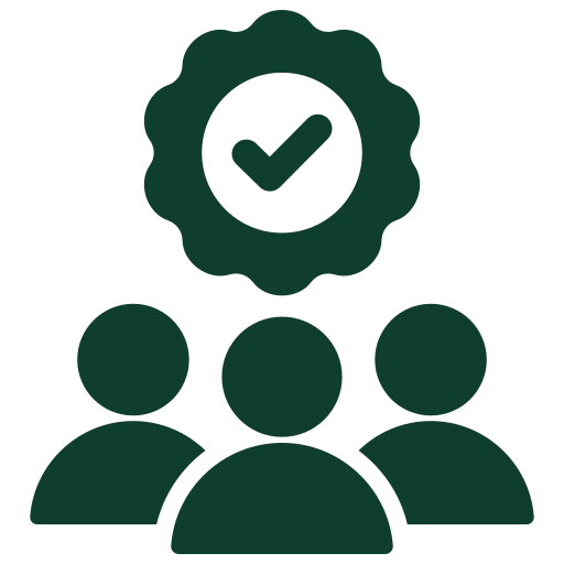 Icon of a group of three people with a checkmark badge above their heads, representing approval or certification.