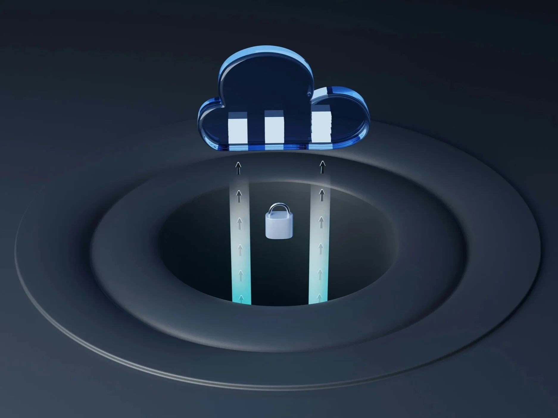 Illustration of cloud storage with a cloud icon at the top, arrows indicating data transfer to and from the cloud, a lock symbol representing security, all set against a dark background.