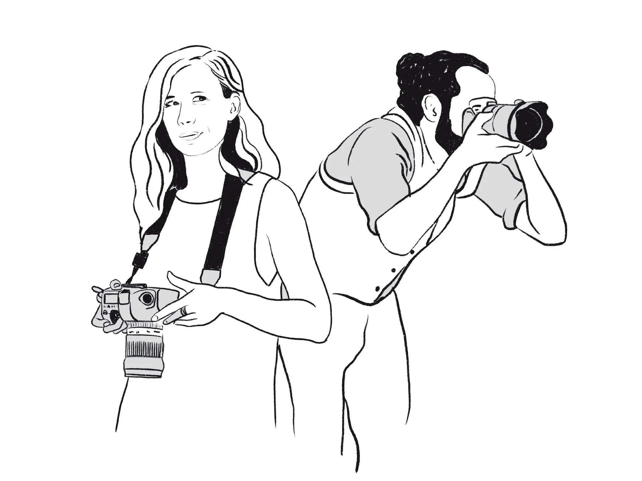An illustration of a person holding a camera and a second person looking through a camera lens.