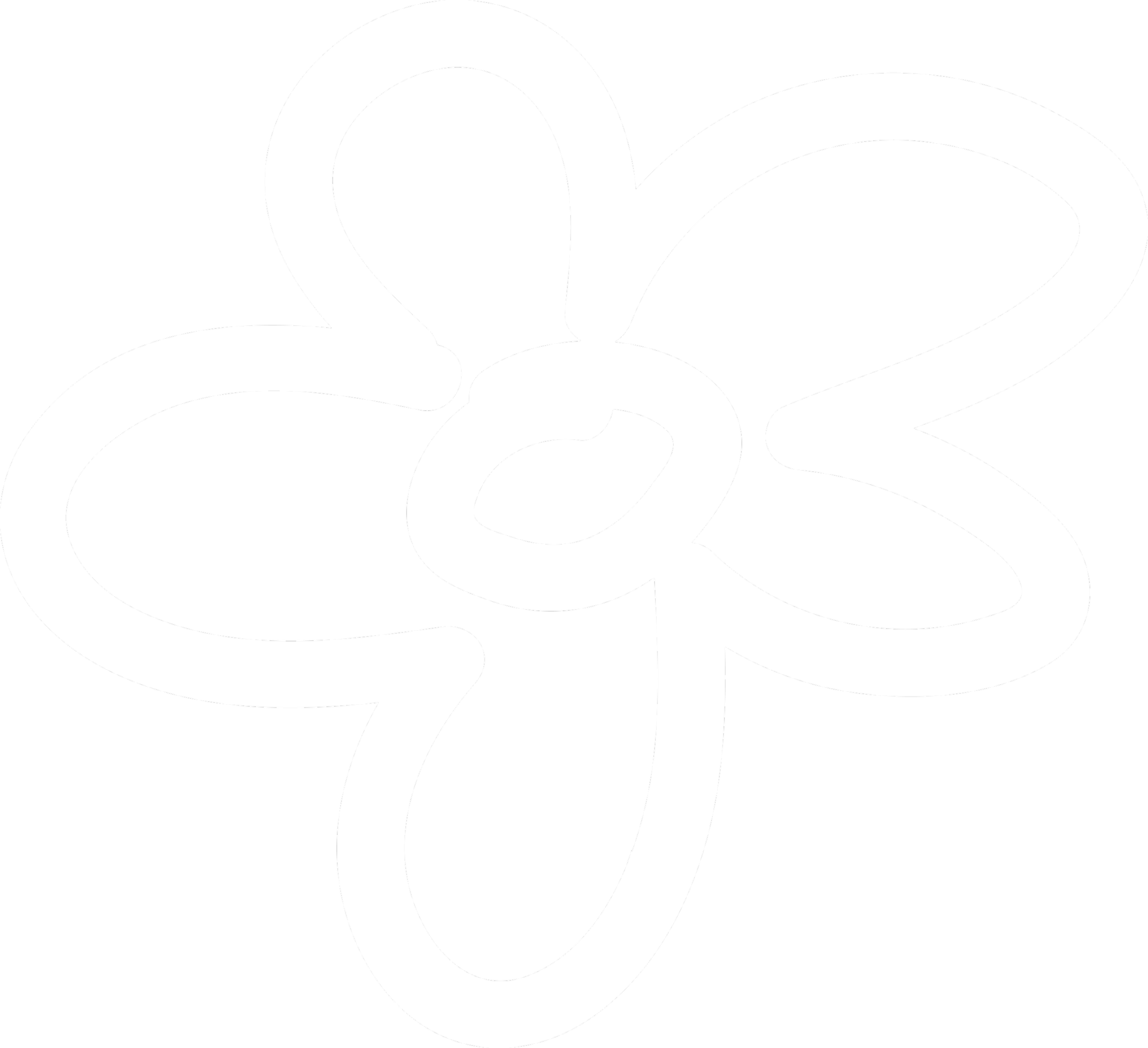 Outline illustration of a four-leaf clover with a central circle, on a black background.