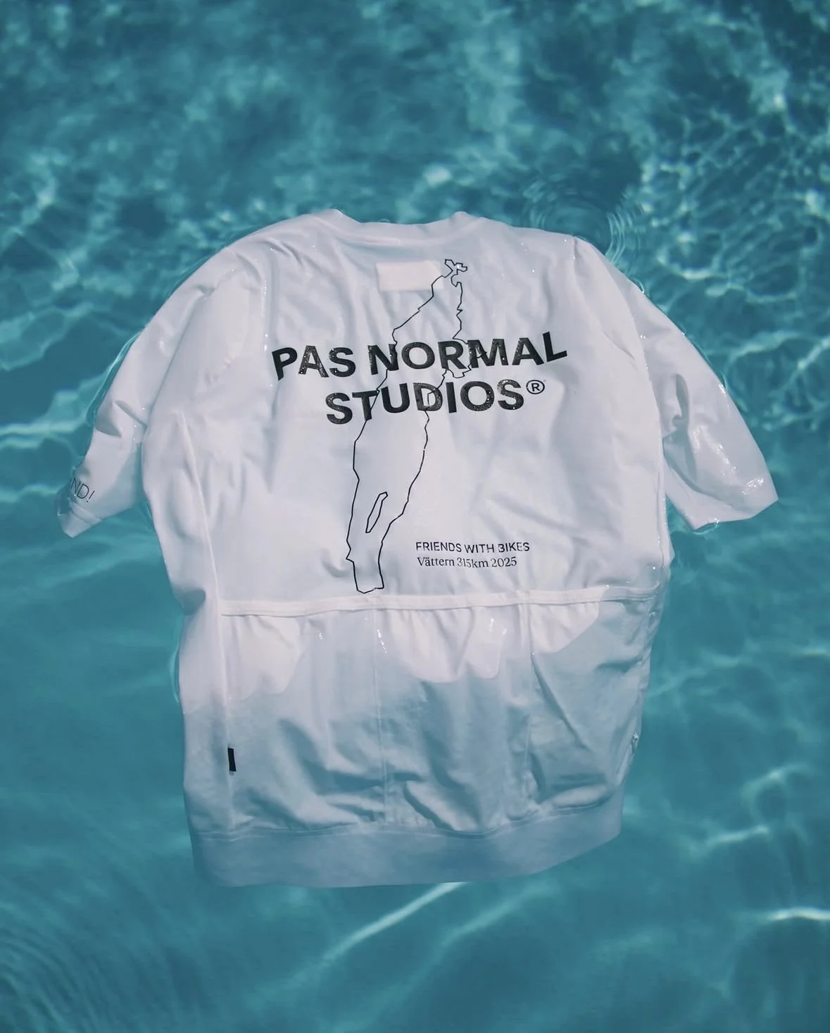 A white T-shirt with black text and a graphic of Switzerland, floating in a swimming pool.