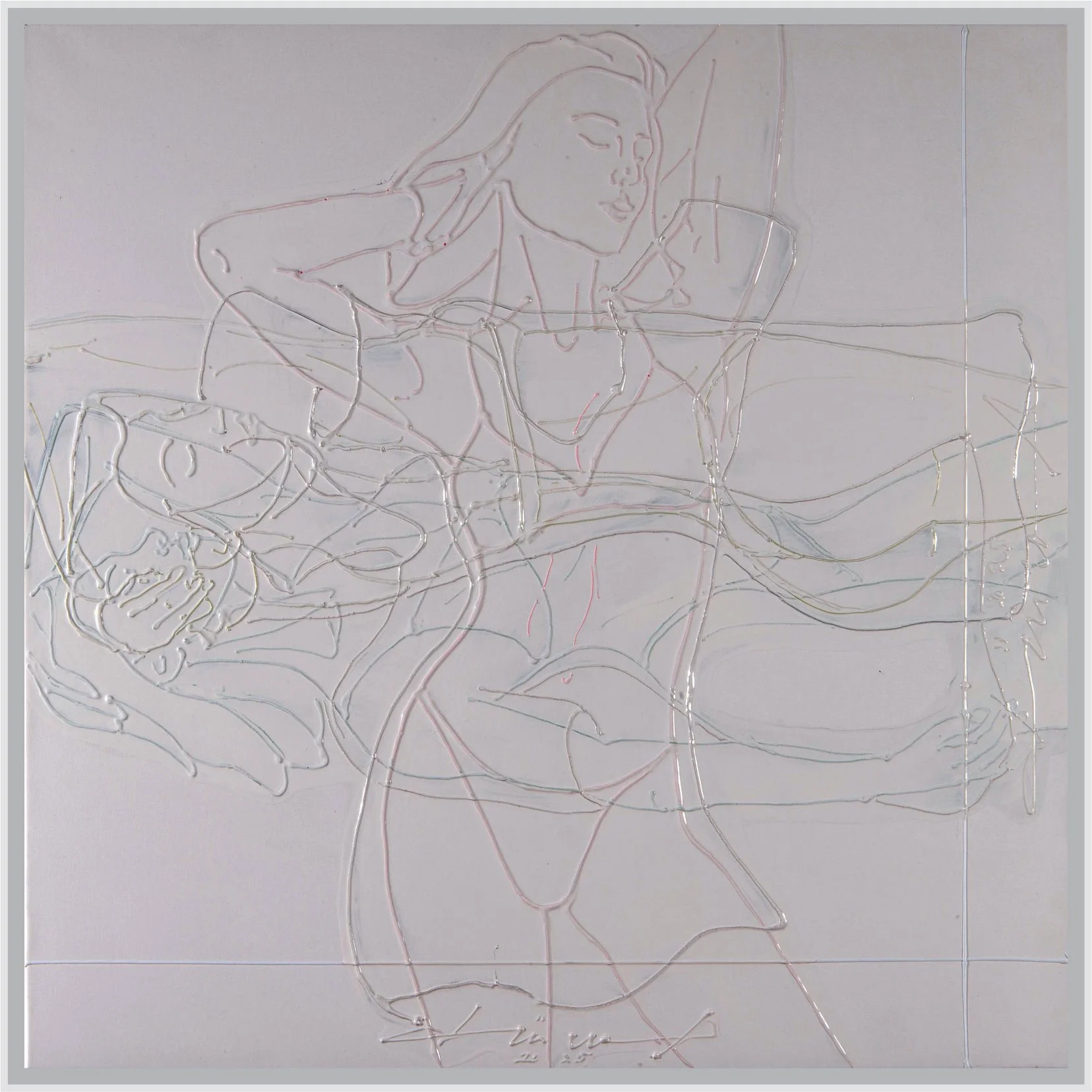 „rotating girls in white“, Acryl und Lack auf Leinwand, 2025, 80/80 cm