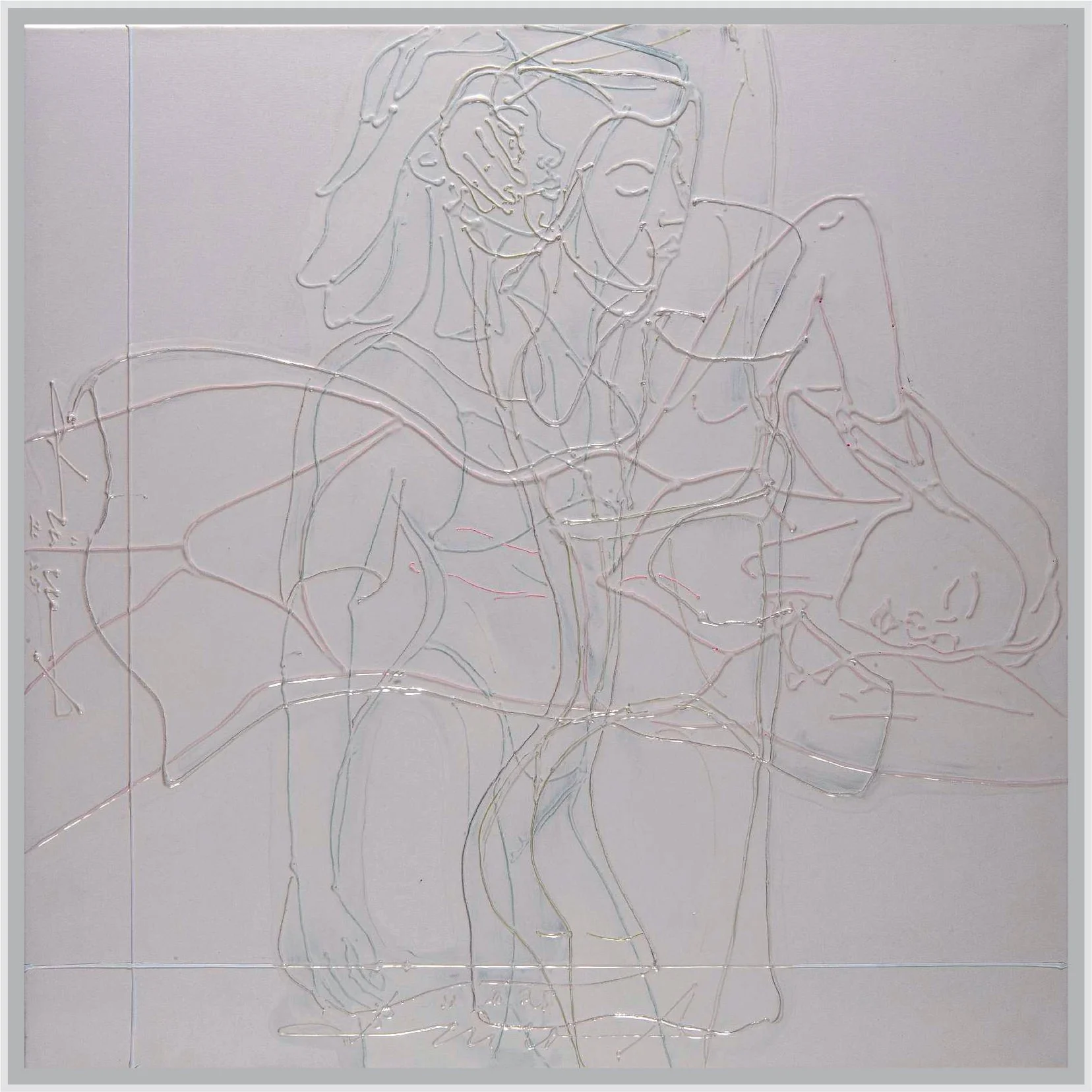 „rotating girls in white“, Acryl und Lack auf Leinwand, 2025, 80/80 cm