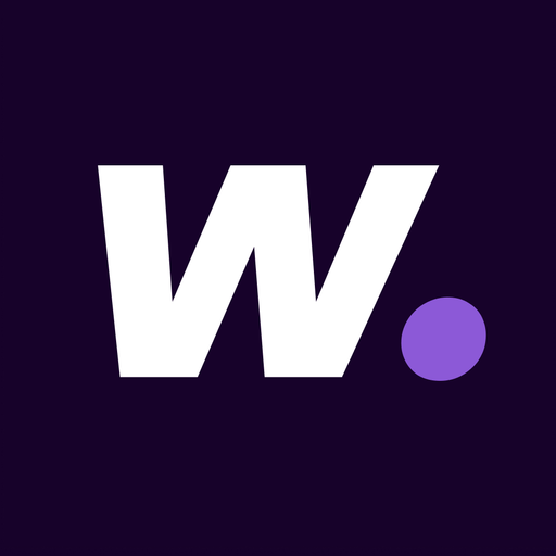 White letter 'W' and a purple dot on a dark background.