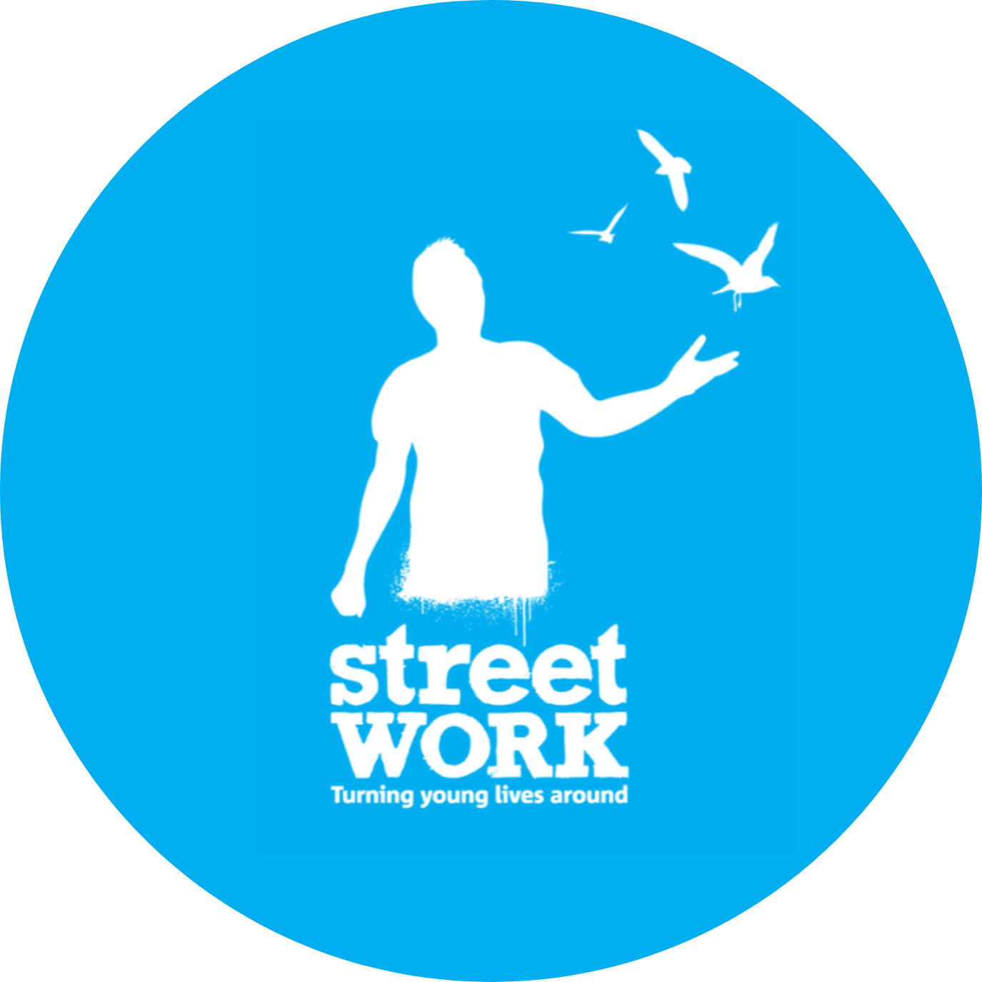 Logo for Street Work with a silhouette of a young person with outstretched arm and flying birds, and the tagline 'Turning young lives around'