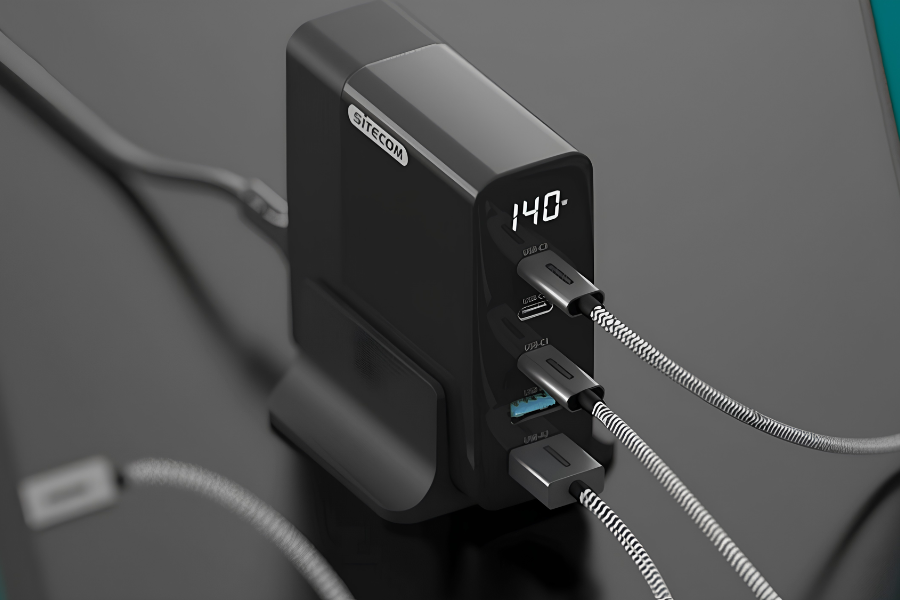 A black multi-port charging station with a digital display showing 140 degrees, multiple USB-C and USB-A cables connected, and a gray surface background.