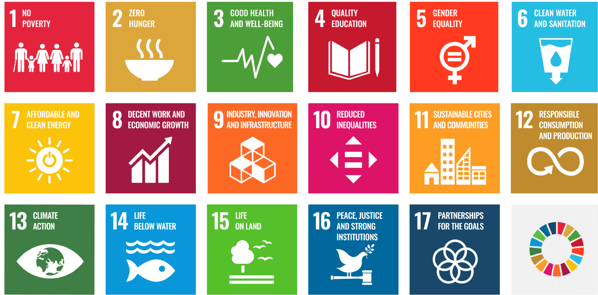 UN Sustainable Development Goals icons with labels numbered 1 to 17, representing issues like No Poverty, Zero Hunger, Good Health and Well-being, Quality Education, Gender Equality, Clean Water and Sanitation, Affordable and Clean Energy, Decent Work and Economic Growth, Industry, Innovation and Infrastructure, Reduced Inequalities, Sustainable Cities and Communities, Responsible Consumption and Production, Climate Action, Life Below Water, Life on Land, Peace, Justice and Strong Institutions, Partnerships for the Goals.