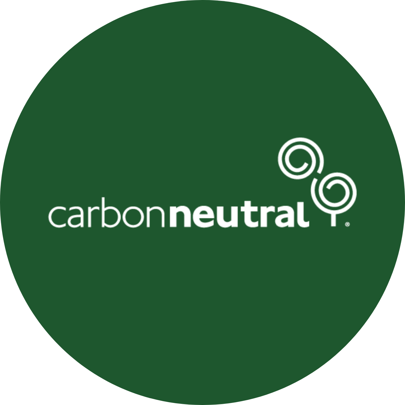 Green circular logo with the words 'carbon neutral' and a stylized tree with spiral leaves.