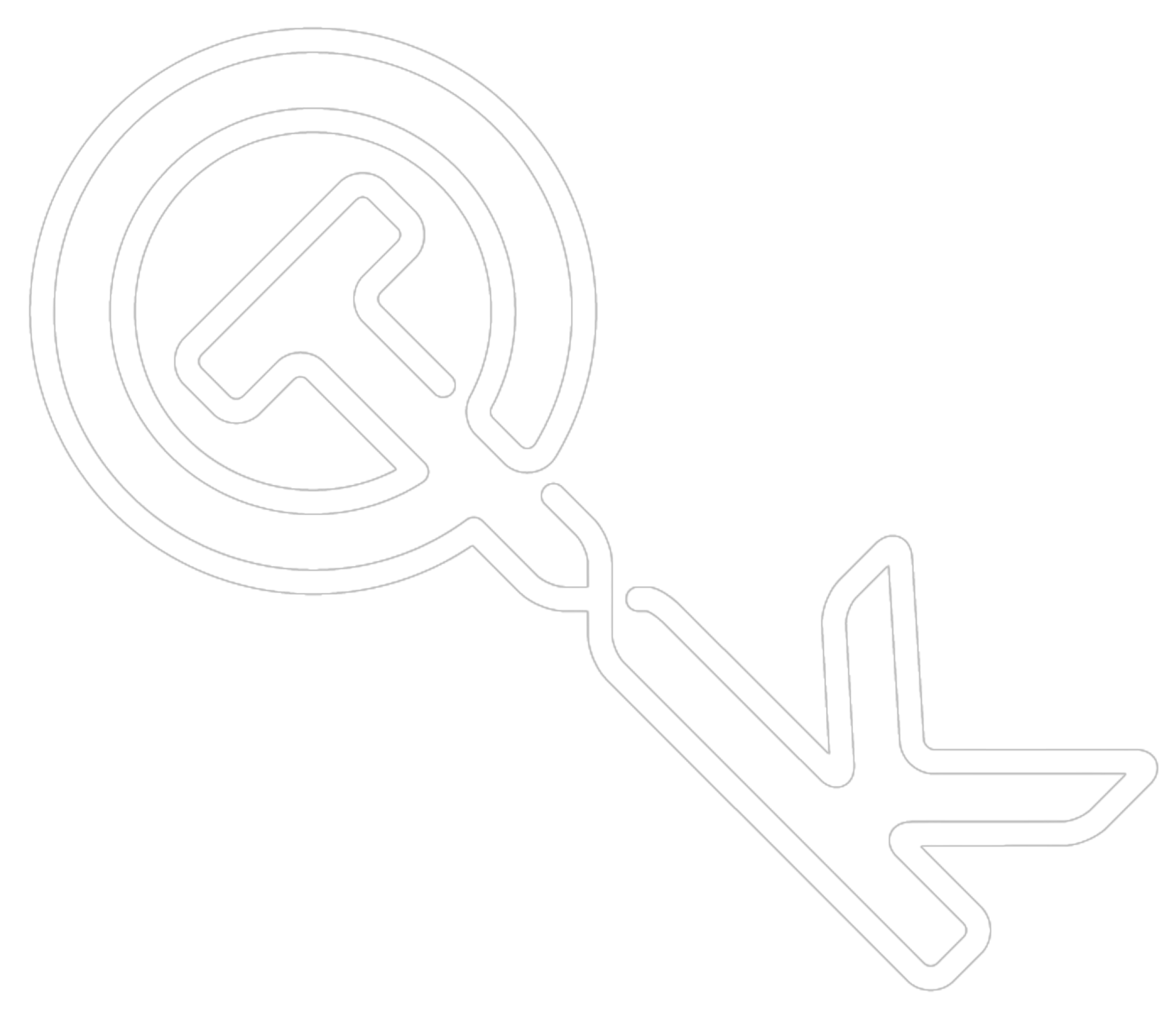 A neon sign of a magnifying glass with a pointer, commonly representing search, against a black background.
