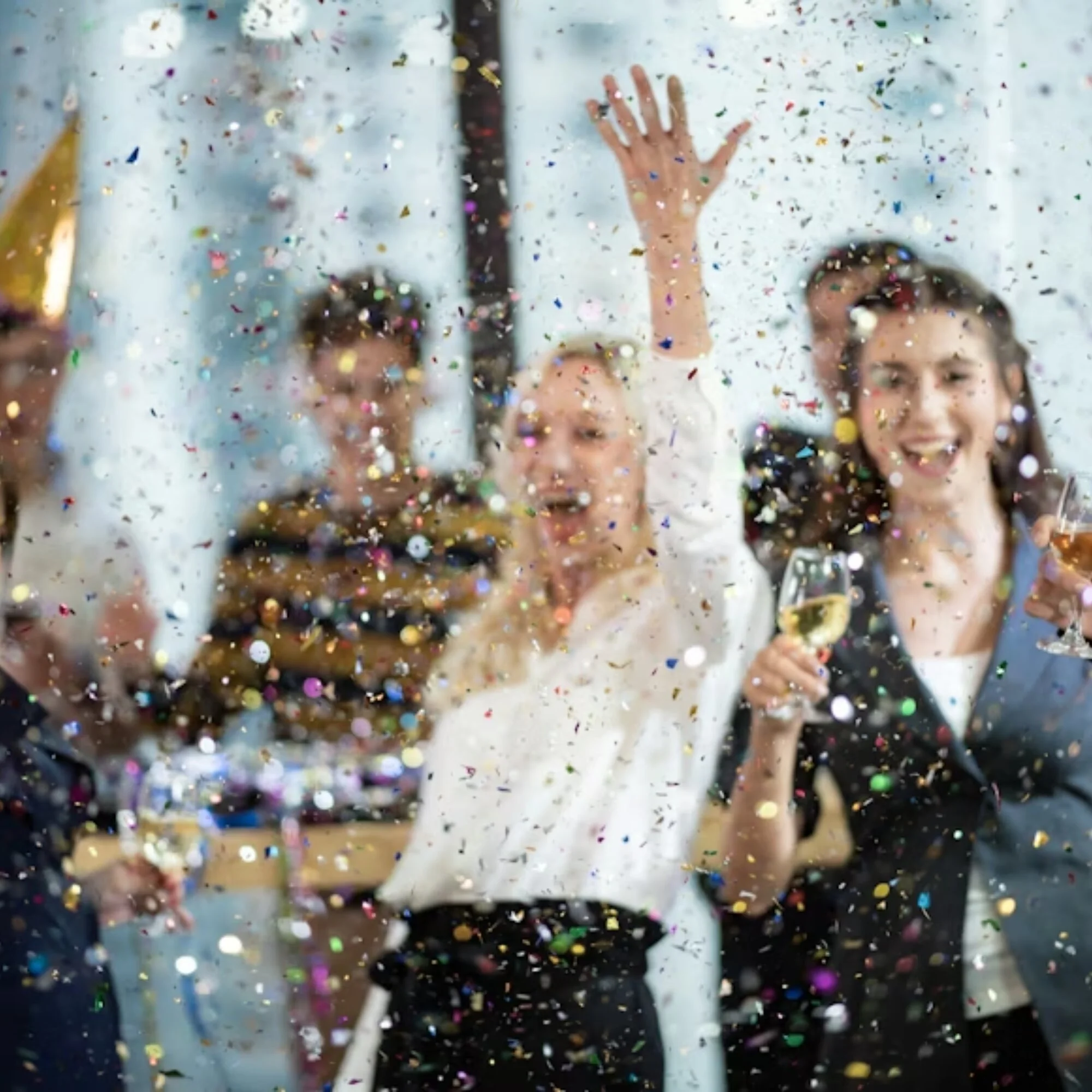 People celebrating with colorful confetti and smiling faces.