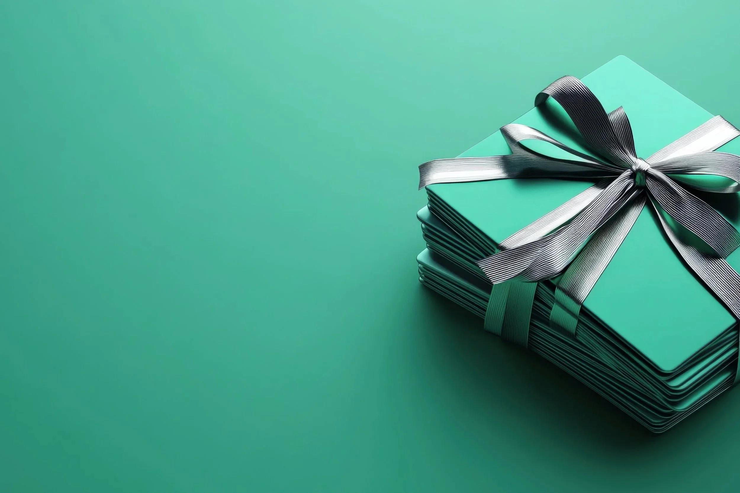 A neatly stacked pile of turquoise gift boxes tied with black and white ribbons, set against a solid Mint green background.