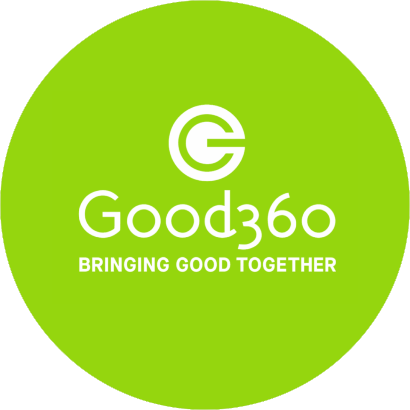 Green circular logo with white text that says "Good360" and the tagline "Bringing Good Together", with a stylized G incorporated into the logo.