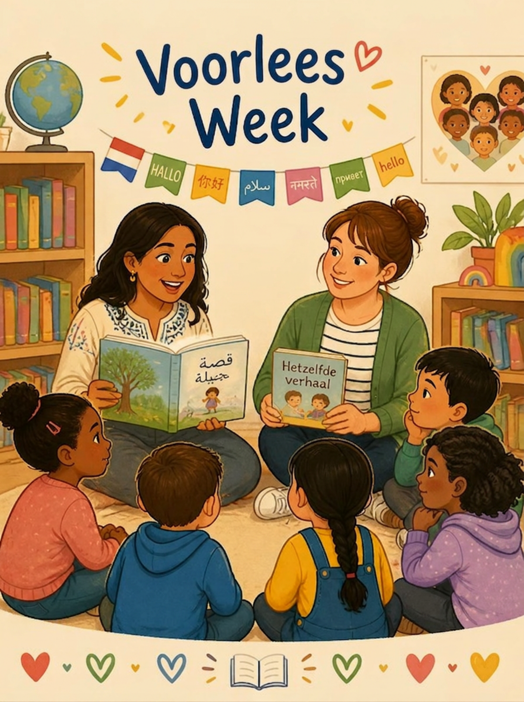 Twee vrouwen lezen samen voor aan een groep kinderen in een klaslokaal versierd met posters, boeken en planten.