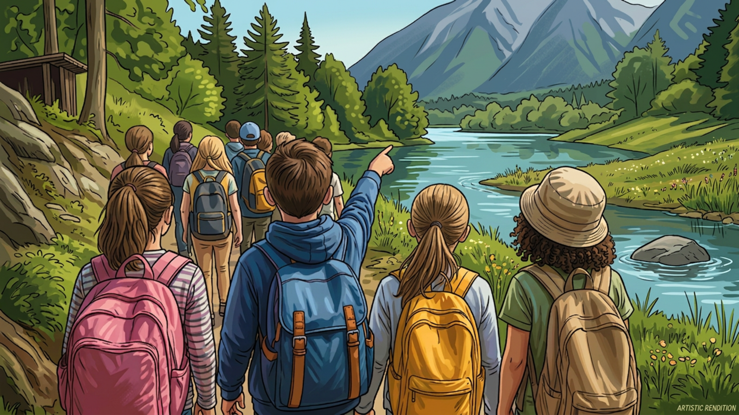 Groep jonge mensen met rugzakken wandelen langs een rivier in een bosrijke bergen.