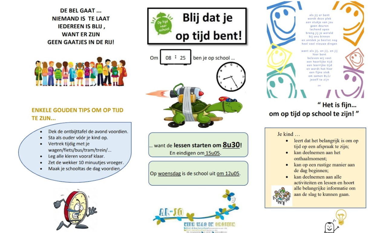 Een informatieve afbeelding over schooltijden en tips voor op tijd zijn. Het bevat een grote groep kinderen, een turtle met uitrusting, een klok en een digitale tijdsaanduiding, en verschillende tekstblokken met tips en inspirerende uitspraken in kleurrijke en speelse lay-out.