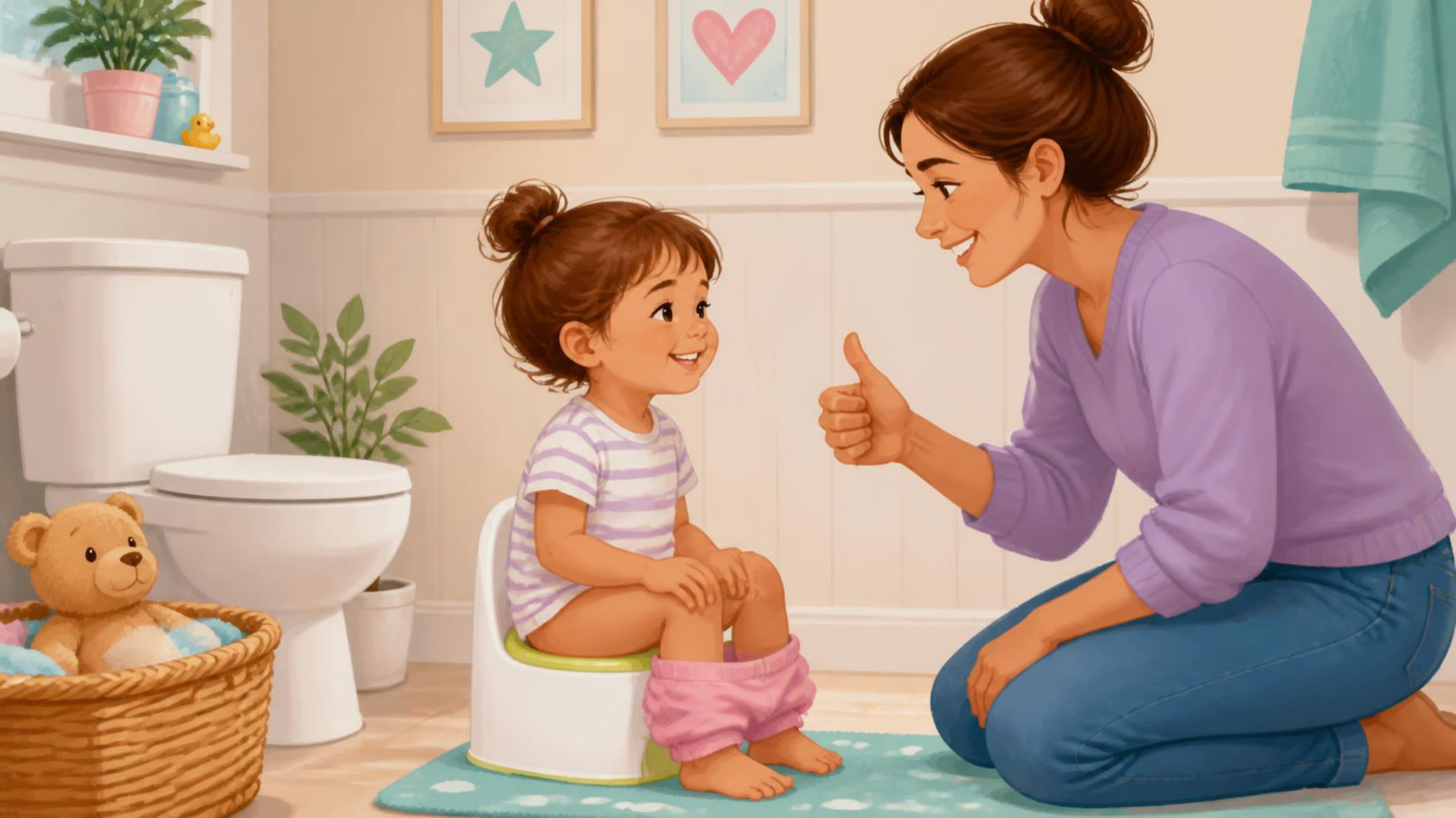 Een jonge meisje zit op een kindertoilet met een knuffelbeer in een mand. Een vrouw, mogelijk haar moeder, geeft haar een duim omhoog in de badkamer. De badkamer heeft wall art met sterren en harten, een toilet en planten.