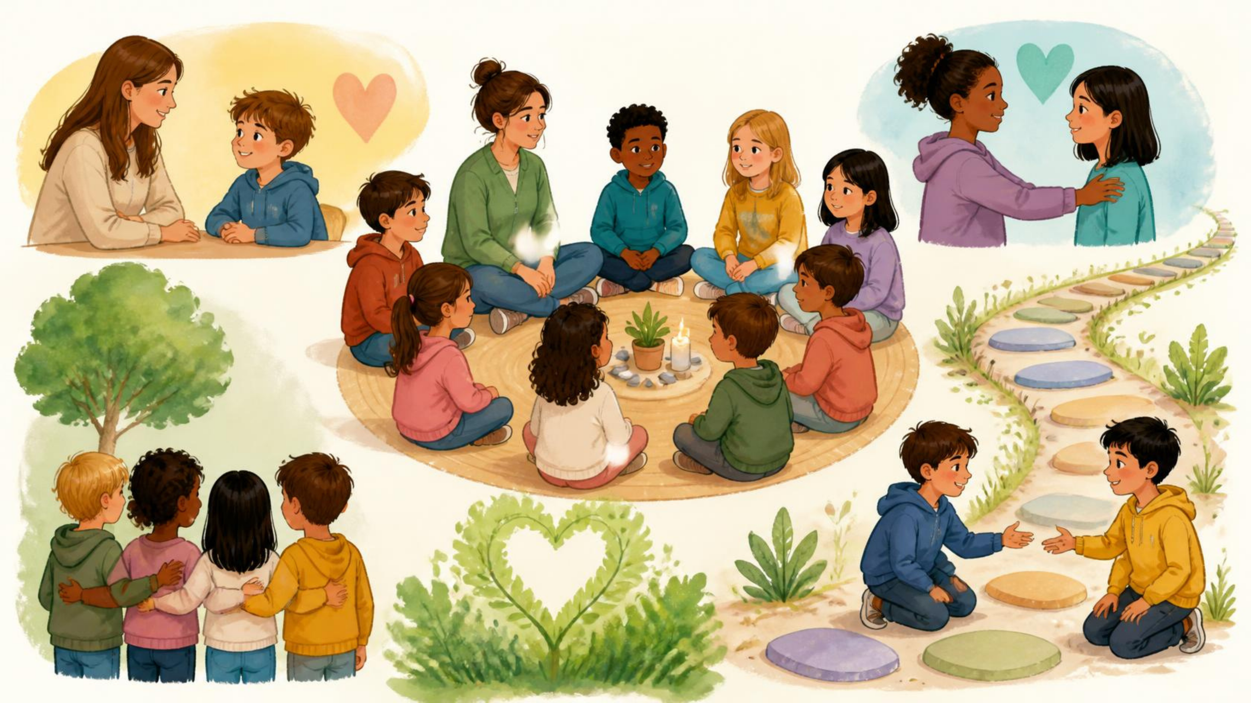Illustratie van kinderen en volwassenen die in groepen zitten en elkaar de hand schudden of omhelzen in de natuur onder een clear blauwe lucht.