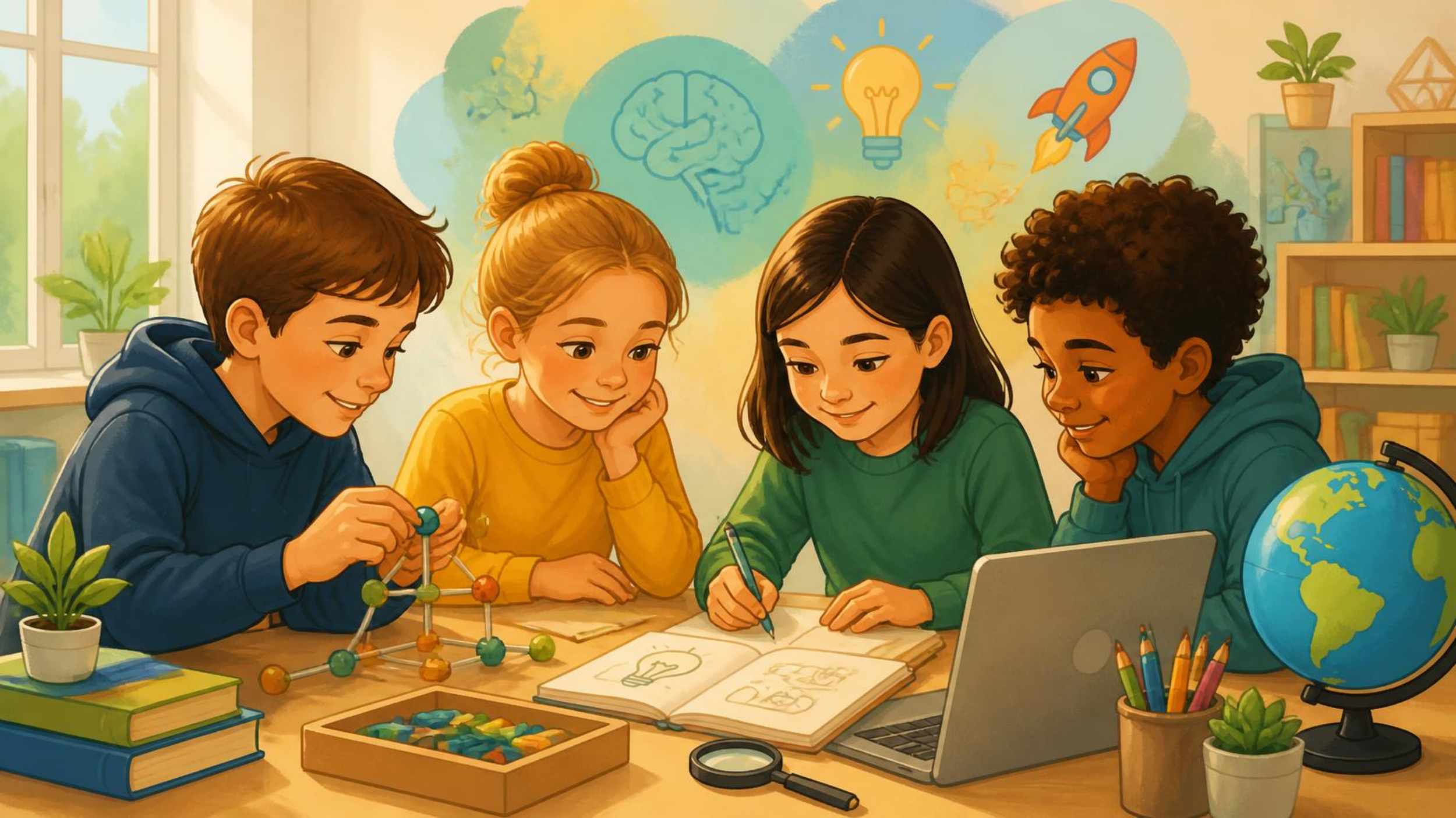 Vier kinderen die samen op een tafel in een klaslokaal werken, met wetenschap en aardrijkskunde materiaal zoals een wereldbol, boeken, een laptop, en een molecuulmodel. Ze lijken enthousiast en geconcentreerd.