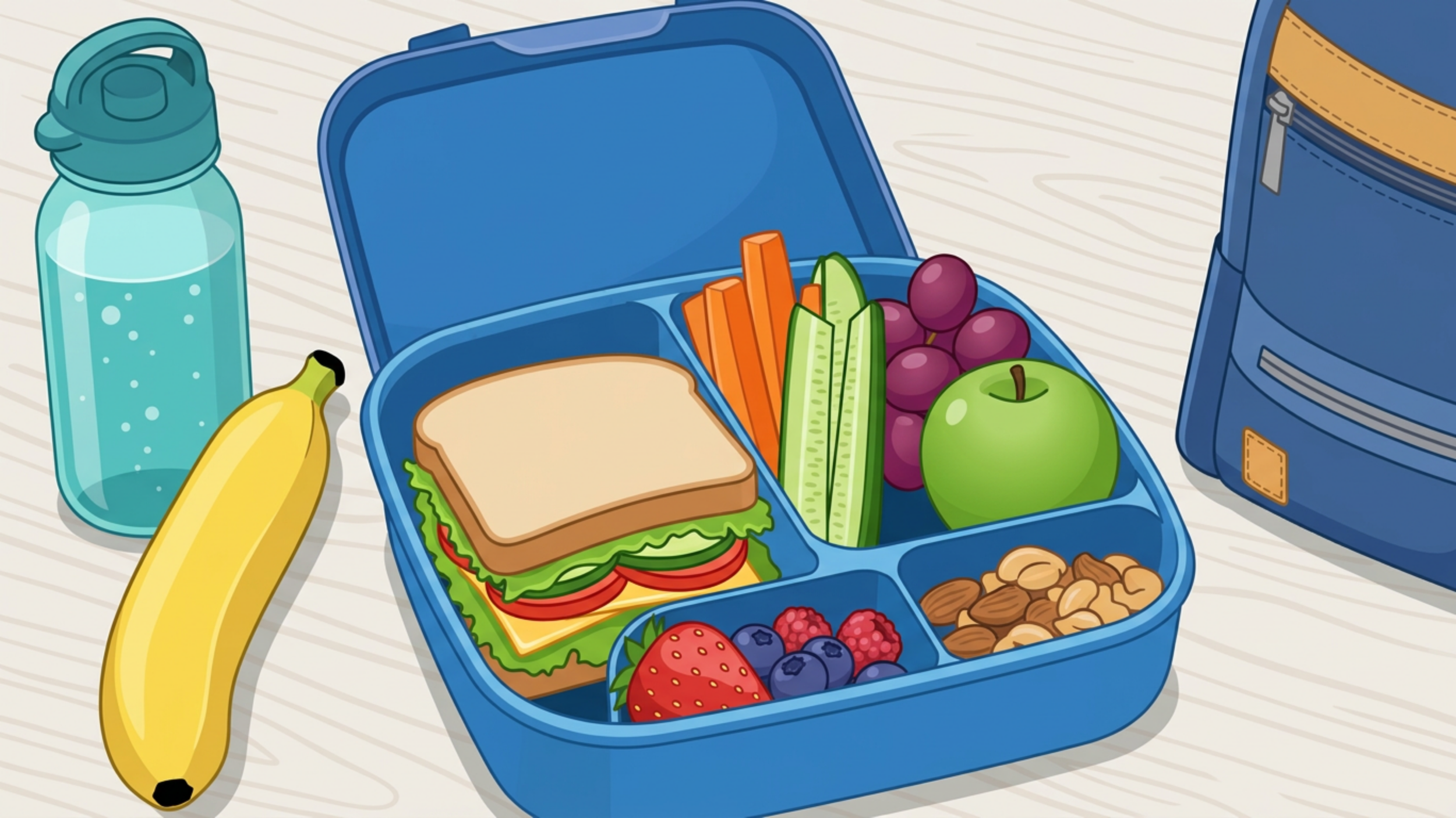 Illustratie van een schoollunchbox met broodje, groente, fruit en noten, naast een waterfles, een banaan en een rugzak.