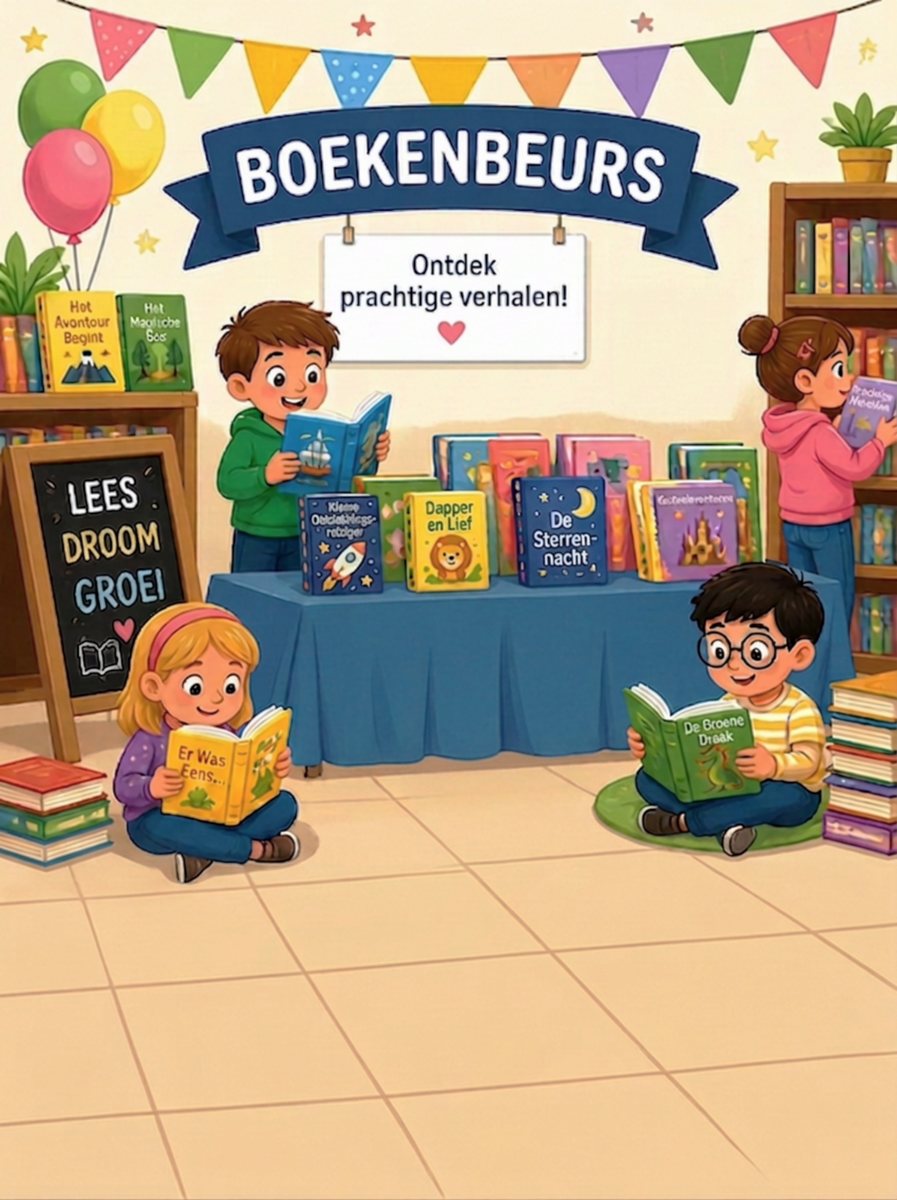 Illustratie van kinderen in een boekbeurs, enkele zitten op de grond met boeken, anderen staan bij de tentoonstelling, er zijn banners, ballonnen en boeken met kleurrijke omslagen.