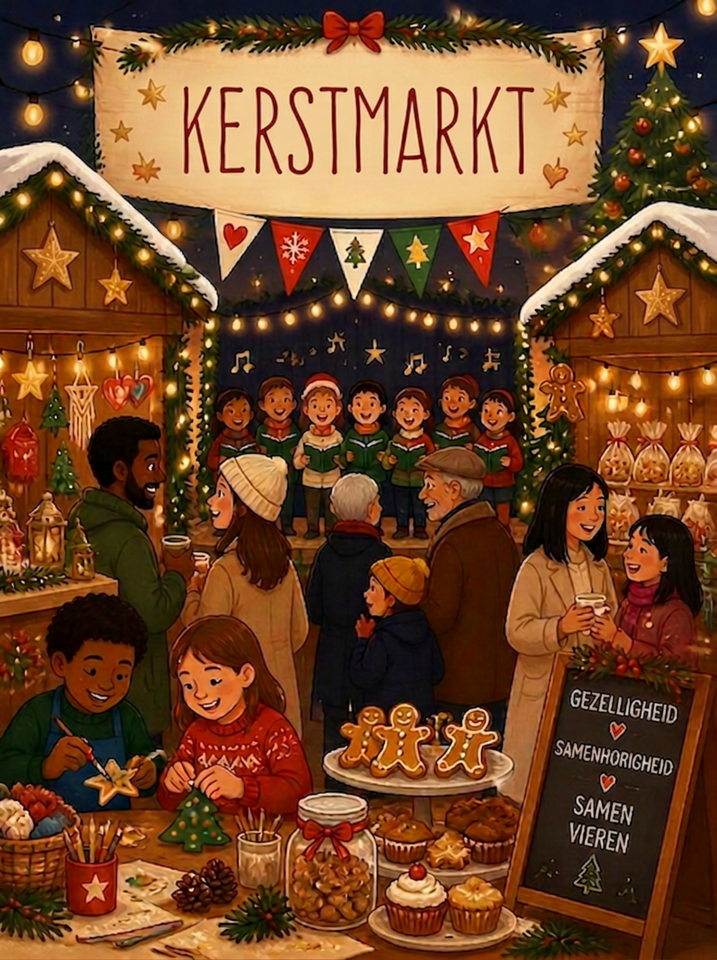 Een kerstmarkt met feestelijke decoraties en mensen die genieten van thee en lekkernijen. Er zijn houten stalletjes met sterren en kerstversieringen, een groot bord met 'Kerstmarkt', en een tafel vol zoetigheden zoals cupcakes en koekjes. Mevrouw en meneer praten en lachen, terwijl kinderen enthousiast meedoen aan het feestsfeer.