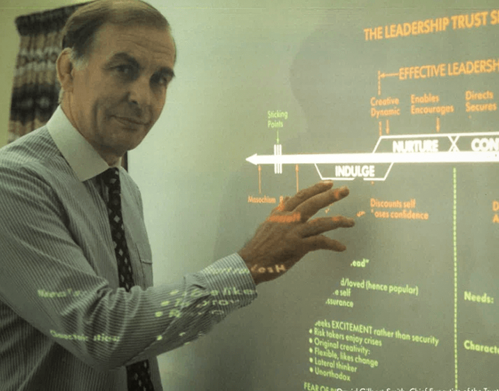 A man in a shirt and tie points at a projection or screen displaying a diagram about leadership and trust in the workplace.