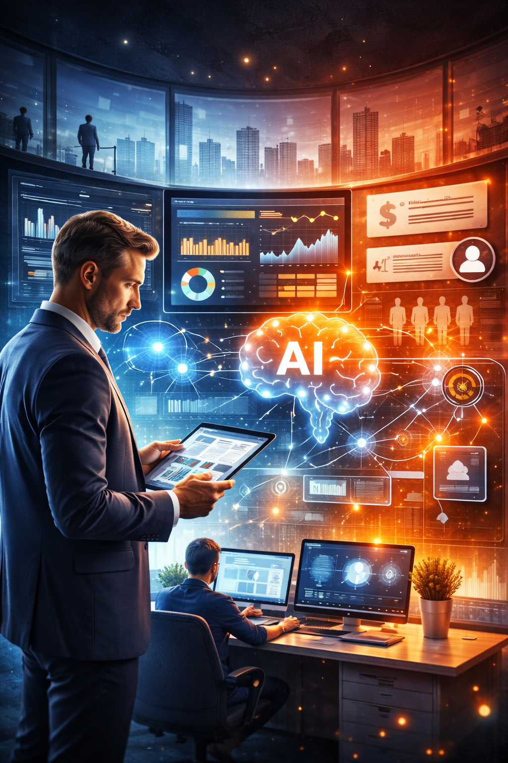 Business professionals working in a high-tech office with a city skyline and starry sky in the background; focus on AI and data analytics displayed on screens.