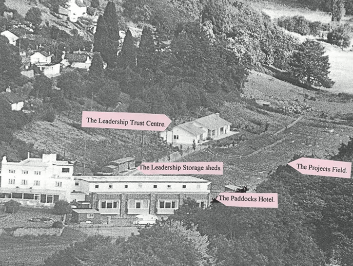 Black and white aerial photograph of a landscape with labels pointing to buildings and fields. The labeled locations include The Leadership Trust Centre, The Leadership Storage sheds, The Paddocks Hotel, and The Projects Field.