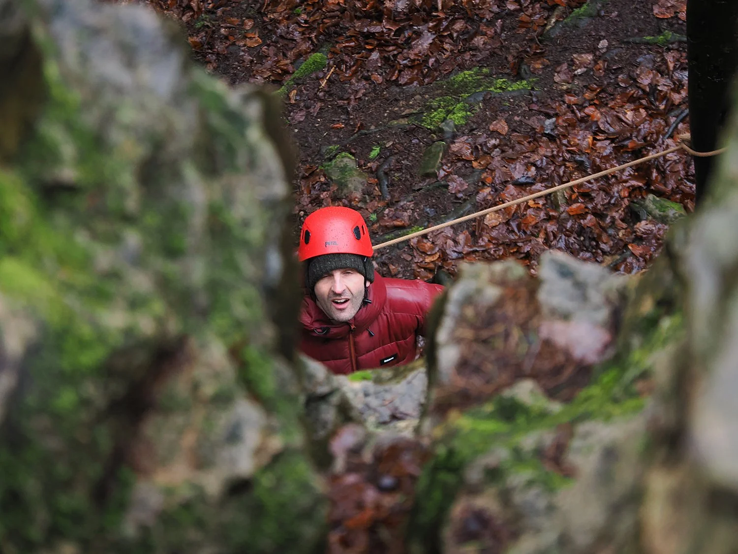 Man wearing a red helmet and red jacket climbing a tree, seen through a hole in the tree trunk.