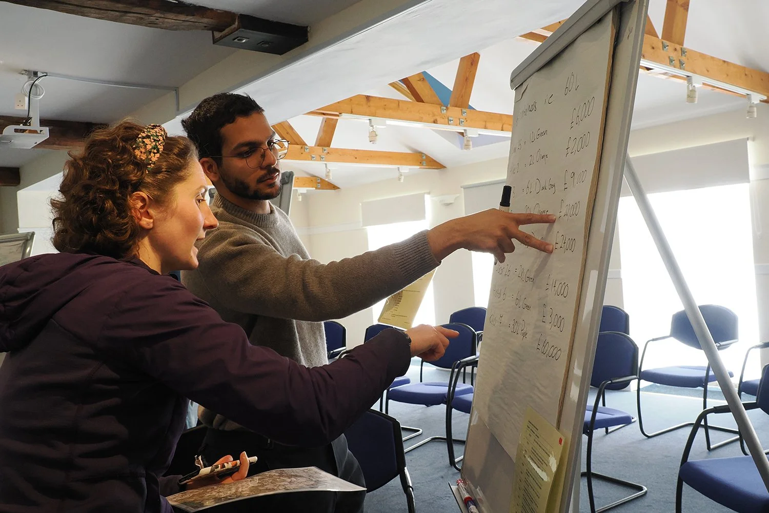 A man and woman in a discussion during a meeting in a conference room. The man is pointing at a whiteboard filled with handwritten notes. The woman is holding a pen and some papers, looking at the whiteboard.