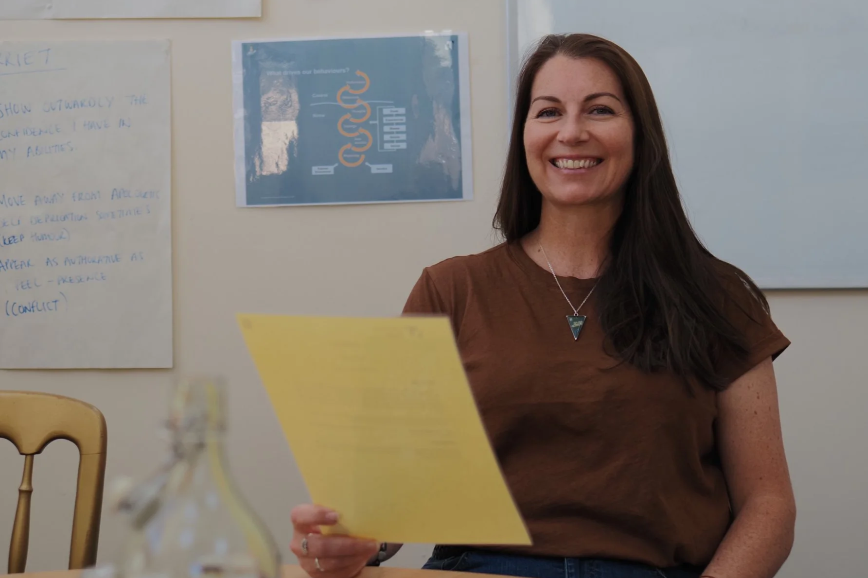 A smiling woman with long brown hair, wearing a brown t-shirt and a necklace, holding a yellow paper, standing in front of a whiteboard and a blue poster.