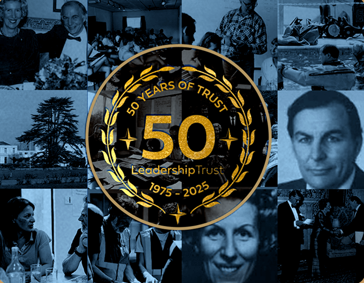 A collage of black and white photos of people in various professional and social settings, with a central gold and black emblem celebrating 50 years of trust from 1975 to 2025.