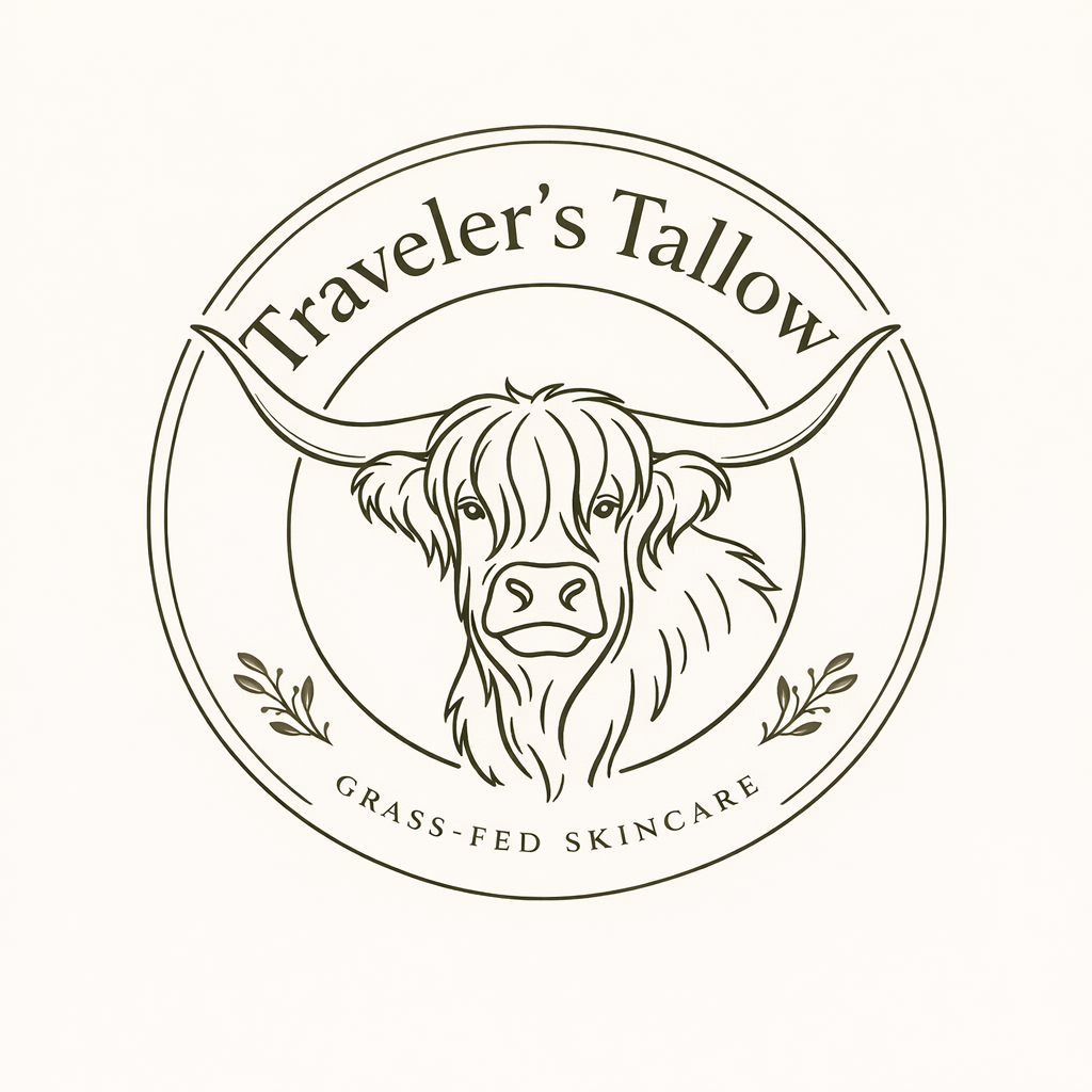 Logo for Traveler's Tallow featuring a line drawing of a Highland cow with long horns and a shaggy face, surrounded by a circular border with the text 'Traveler's Tallow' at the top and 'Grass-Fed Skincare' at the bottom, and small decorative leaves on each side.