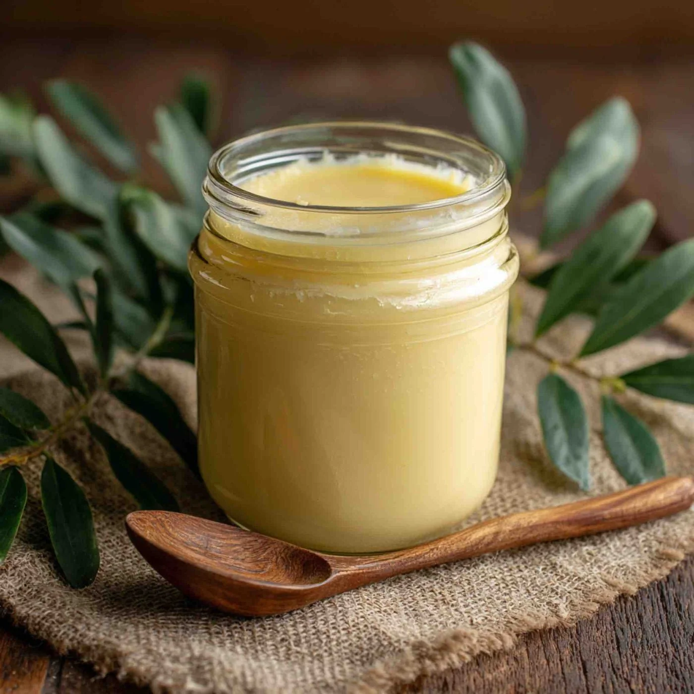A glass jar filled with yellow butter on a piece of burlap fabric, with a small wooden spoon in front and green leaves in the background.