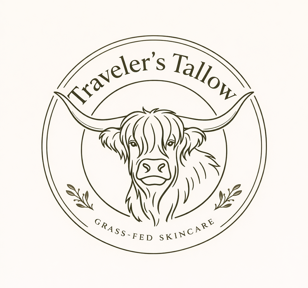 Logo for Traveler's Tallow with a line drawing of a Highland cow's face and horns, surrounded by the text "Traveler's Tallow" and "Grass-Fed Skincare" along with small decorative leaves.