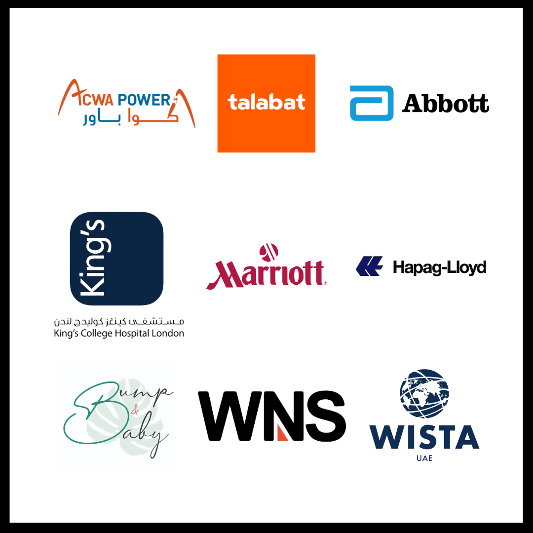 Collection of various company logos, including Acwa Power, Talabat, Abbott, King's College Hospital London, Marriott, Hapag-Lloyd, WNS, WISTA UAE, and a fashion brand called Bump & Baby.