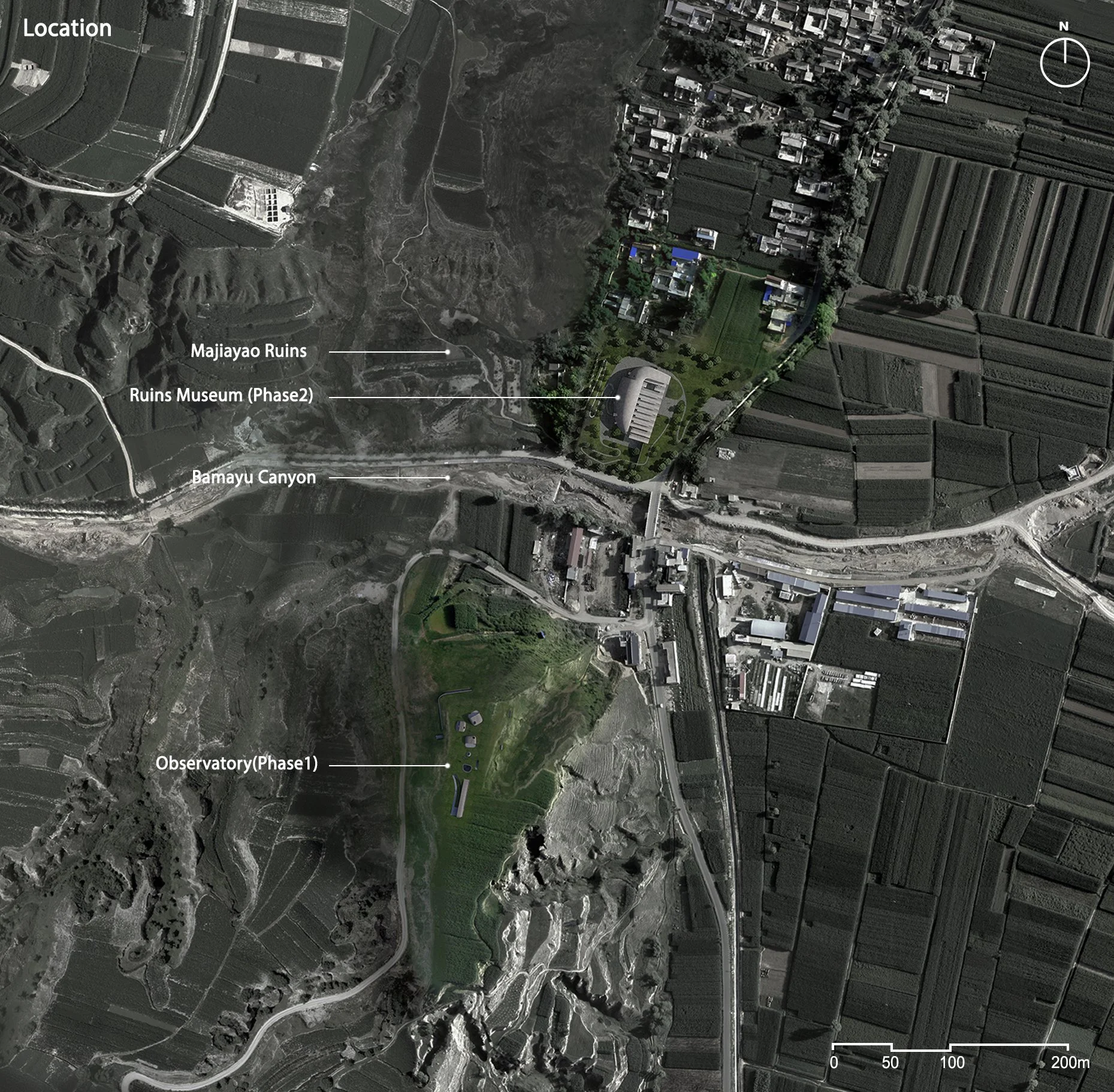 Aerial view of a landscape showing the Majayao Ruins, Ruins Museum (Phase 2), and Bamayu Canyon, with labels indicating each location. Rural and agricultural areas with fields, roads, and scattered buildings are visible.